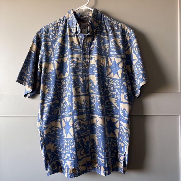 Reyn Spooner Shirt Mens Medium Blue Tan Hawaiian Aloha Commemorative Classic - Picture 1 of 13
